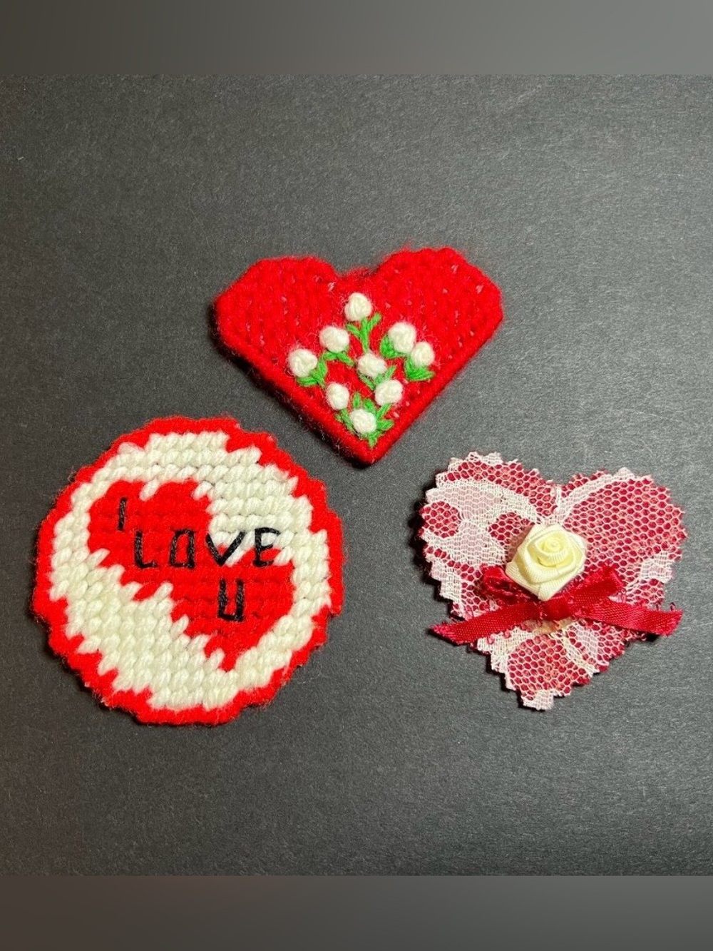 VTG Lot of 3 Valentine's Day Red White Heart Shaped Floral Needlepoint Brooches